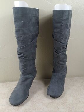 AEROSOLES Slate Gray Suede Mid-Calf Heeled Boots